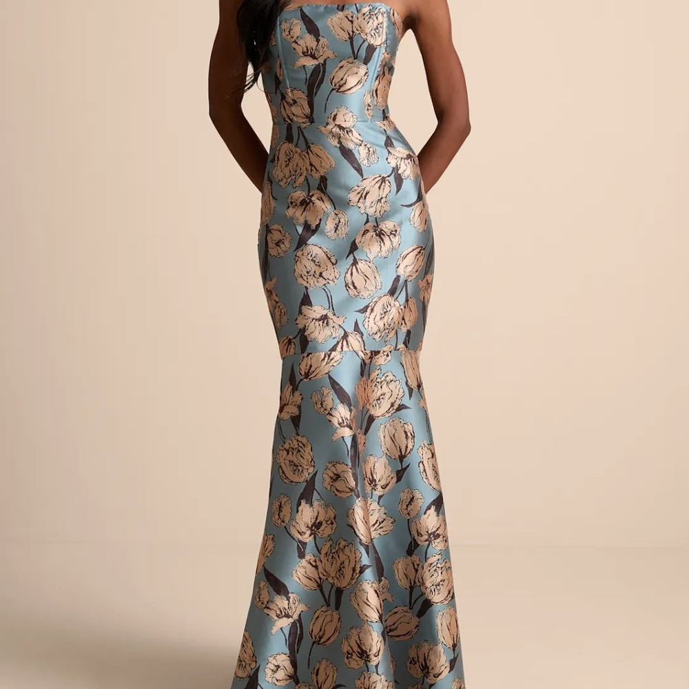Lulus Gowning Around Slate Blue Floral Jacquard Strapless Maxi Dress - Size XS